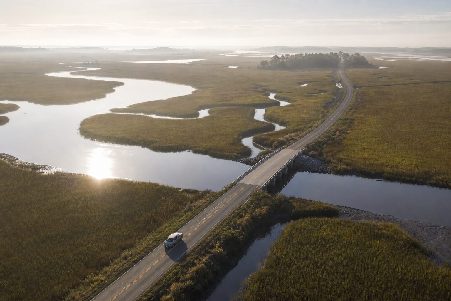 Editorial cover image of open coastal road and marsh light