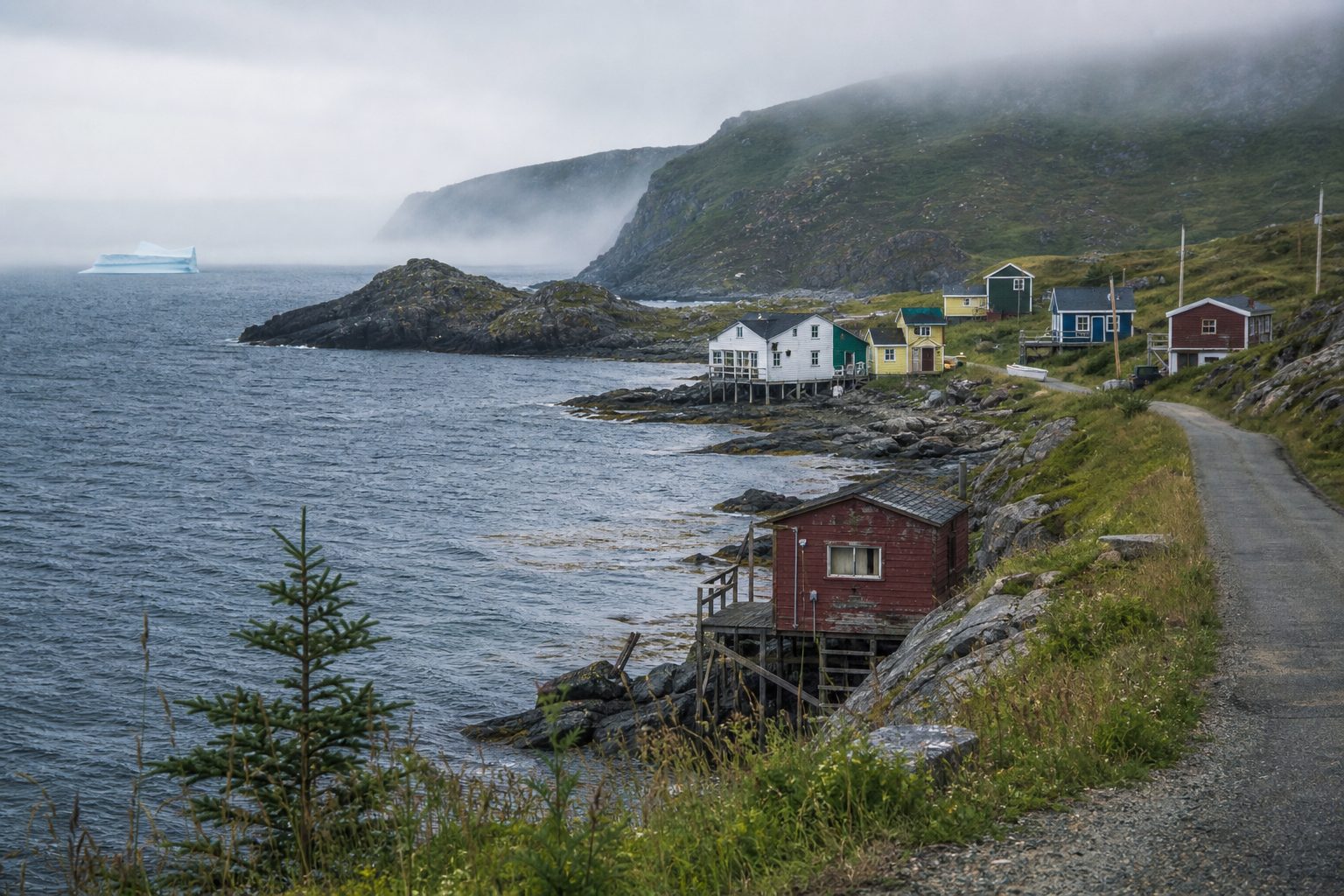 Coastal harbour and clapboard houses on Newfoundland’s Bonavista Peninsula